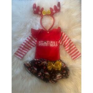 Baby girls first Christmas dress set 6-9 mos red and white skirt romper and head